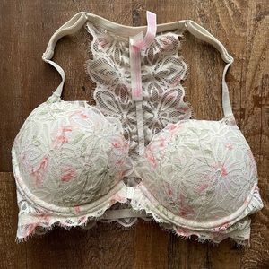 White and Pink Victoria’s Secret Floral Racerback and Front Clip Bra